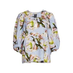 Samantha Sung NWOT $475 White Lily 3/4 Puff Sleeve Blouse in Soft Sky Blue Sz 10